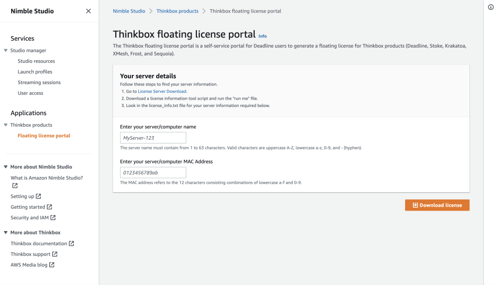 AWS Thinkbox floating license portal to download floating license at no cost