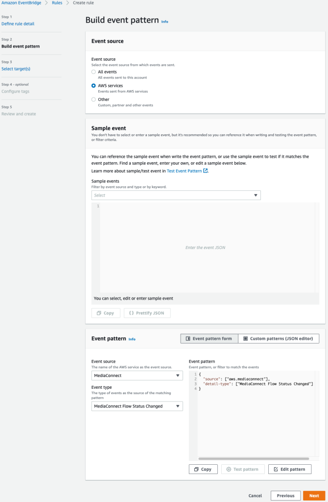 This image shows a screencapture of the Amazon EventBridge event pattern creation wizard.