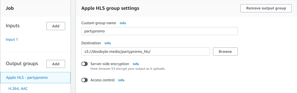 In the sidebar, under Output Groups, Apple HLS - partypromo is selected. Apple HLS group settings is displayed with Custom group name field completed with source file name (partypromo) and Destination containing s3 folder location to host manifest files (s3://.../partypromo_hls/)