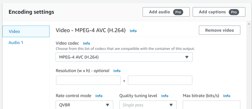 Encoding settings is shown with Video being selected in the left sidebar. The screen shows Video options and a button to Remove Video on the right side of screen. 