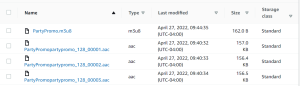 Within S3 bucket, the contents of the Media HLS folder (previously created) is shown. It contains a .m3u8 file and several .aac files. 