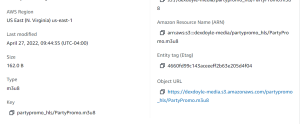 The .m3u8 file is clicked and the object details are shown in detail (AWS region, last modified, Size, type). The field to focus on is Object URL which starts with https and ends with .m3u8. 