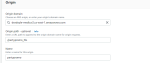 The Create distribution screen within CloudFront is shown with a focus on the Origin. Origin domain is completed with s3 bucket location containing the HLS files. The Origin Path is completed with /partypromo_hls (name of the folder that contains the HLS files) and Name field is completed with partypromo (name of audio file) 