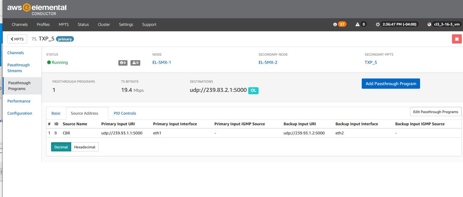 Screenshot of the user interface for configuring passthrough program primary and secondary source information on AWS Elemental Conductor