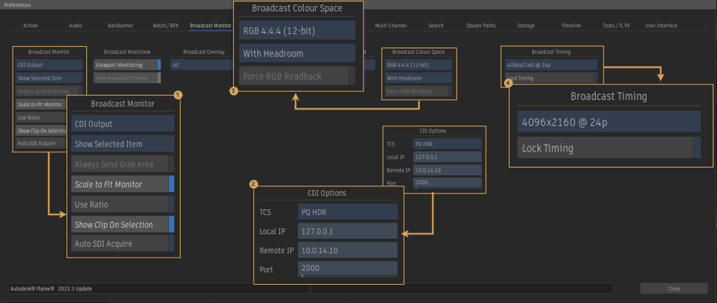 The Autodesk Flame 2023.3 updated preference window, showing where a user would select AWS CDI options