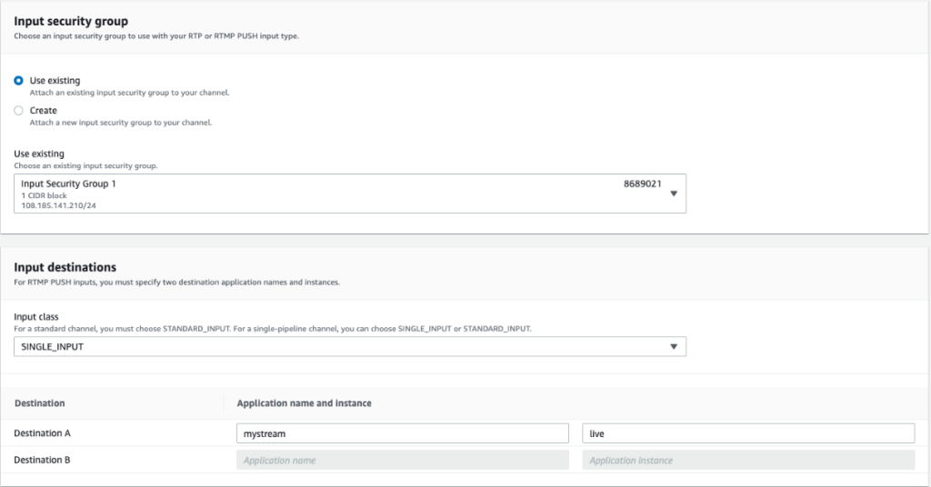 Adding input security groups and destinations