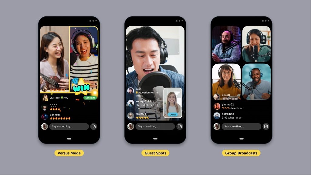 Three phones laid side by side, each displaying a different mockup. The left phone shows a Versus Mode mockup, the middle phone shows a Guest Spots mockup, and the right phone shows a Group Broadcasts mockup.