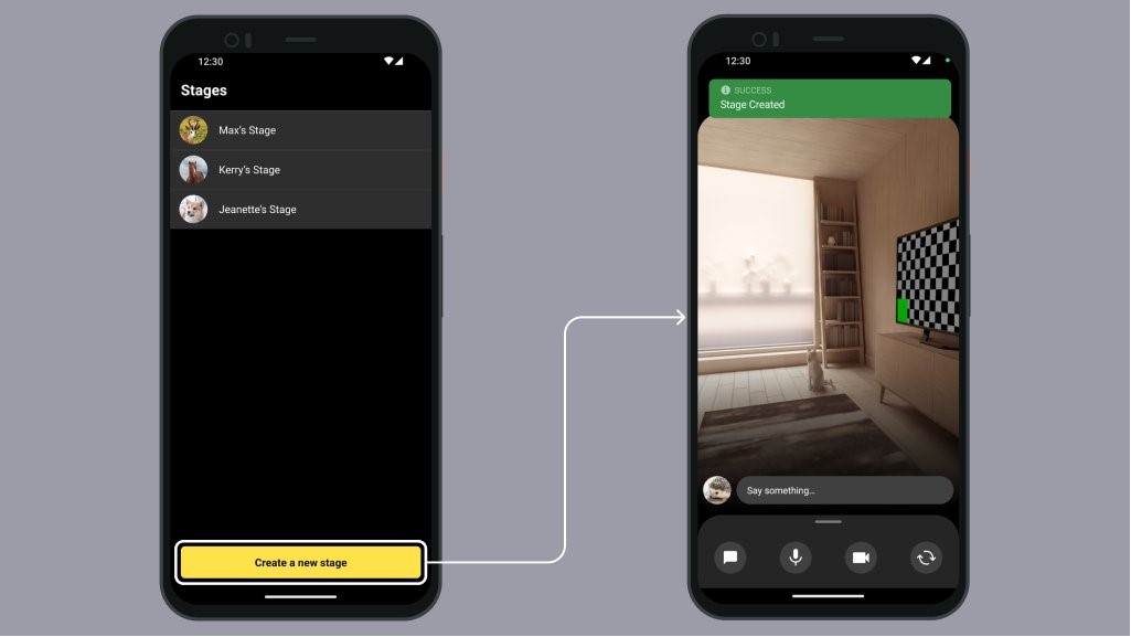 Two phones shown together, with the left phone displaying a list of stages while the right phone shows a participant publishing to a stage. An arrow connects the phones, pointing from a "Create new stage" button on the left phone to the publishing screen on the right phone.