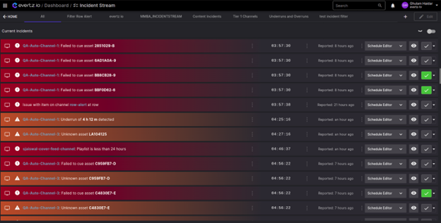Evertz.io incident stream user interface
