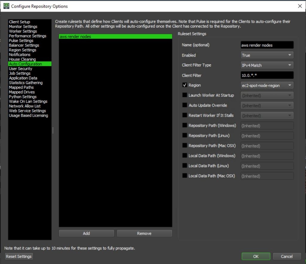 The Configure Repository Options Window showing an example ruleset