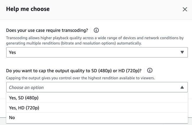 "Help me choose" dialog box with Step 2 question "Do you want to cap the output quality to SD (480p) or HD (720p)?" and defining capping the output quality.