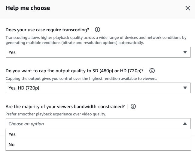 "Help me choose" dialog box with Step 3 question "Are the majority of your viewers bandwidth-constrained?" and highlighting smoother playback and video quality tradeoff.