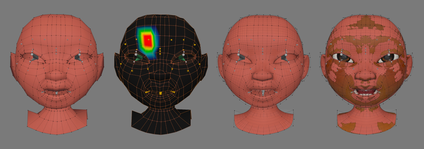 The low-res face driver geometry in its various stages