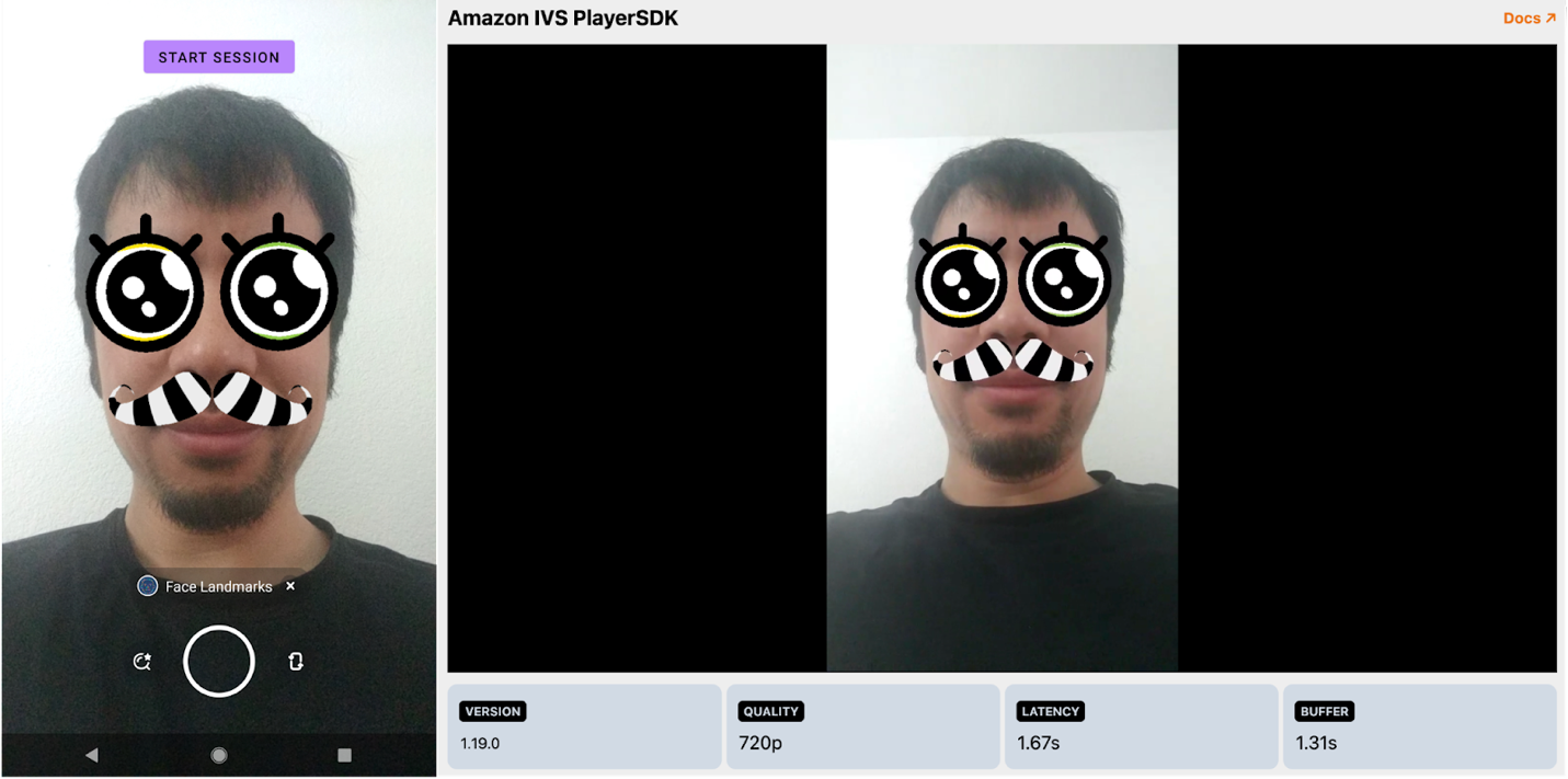 Snap Lens applied using the Amazon IVS Broadcast SDK for Android