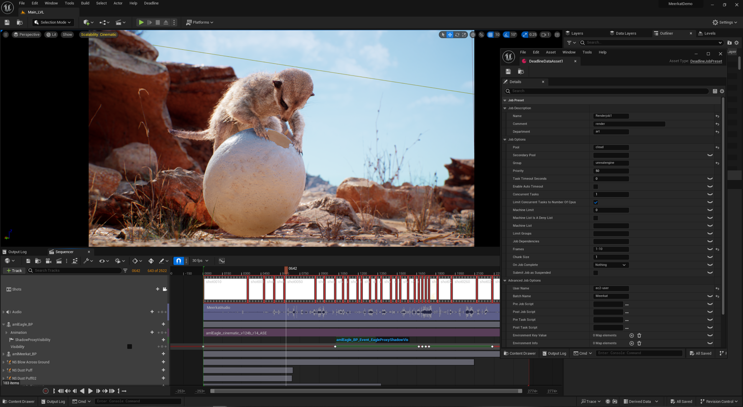 Figure 01: Epic’s Unreal Engine main interface panel, showing a meerkat balancing on an eggshell in the main viewport. Also shown is a DeadlineDataAsset property panel, and a timeline view.