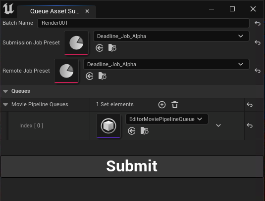 Figure 10: The Queue Asset Submitter property panel is shown here configured similarly to how the Movie Render Queue was configured in Figure 09.