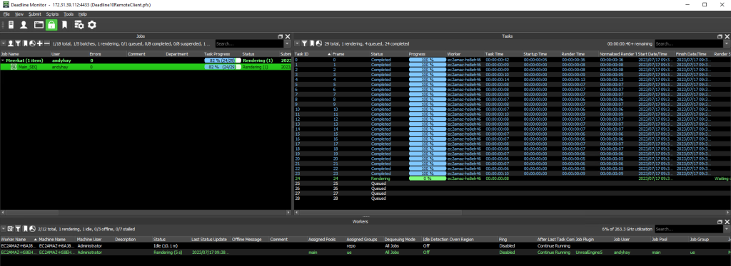 Figure 11: The Deadline Monitor showing the Batch, Job and Tasks. You can see the Job “Main_SEQ” nested underneath the “Meerkat” Batch Name, and resultant tasks created for each Movie Render Queue entity.