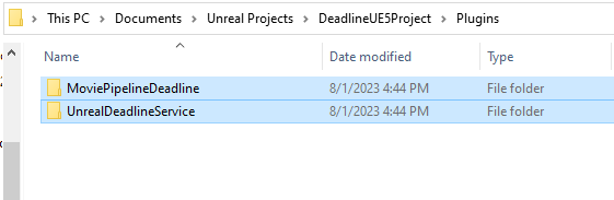 Figure 03: A Windows folder is open, demonstrating both the MoviePipelineDeadline and UnrealDeadlineService folders copied from the Deadline Repository location into a DeadlineUE5Project project folder.