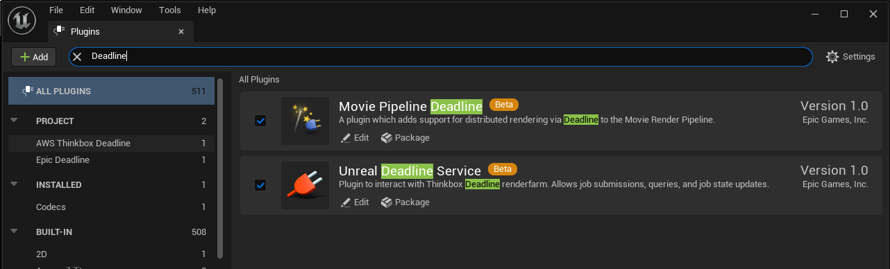 Figure 04: Unreal Engine’s plugins window is loaded, showing that the user has filtered results with ‘Deadline’ so that Unreal Deadline Service and Movie Pipeline Deadline are the only plugins showing.