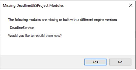 Figure 05: A typical Windows dialogue is open, showing what might happen if you need to rebuild the DeadlineService plugins to match the UnrealEngine version. The dialogue reads ‘The following modules are missing or built with a different engine version: DeadlineService. Would you like to rebuild them now?’ Yes is highlighted. No is also an option, but not the one we recommend.