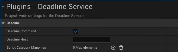 Figure 06: The Plugins – Deadline Service window, showing the 3 main options under a header of ‘Deadline’: Deadline Command (checked), Deadline Host (blank), and Script Category Mappings (which reads 0 Map Elements. A plus sign and trash can are next to the Script Category Mappings value column.