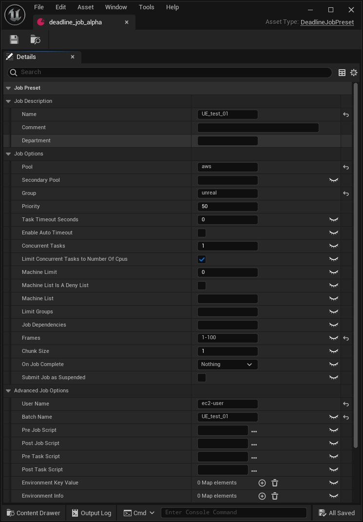 Figure 07: A property panel showing a sample Job Preset. Various configuration parameters are listed, such as the plugin used, the batch name, the name, comment, department, etc.