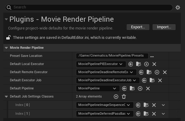 Figure 08: Plugins – Movie Render Pipeline is shown, highlighting the key changes made to Default Remote Executor, and Default Executor Job, both which will use Deadline.