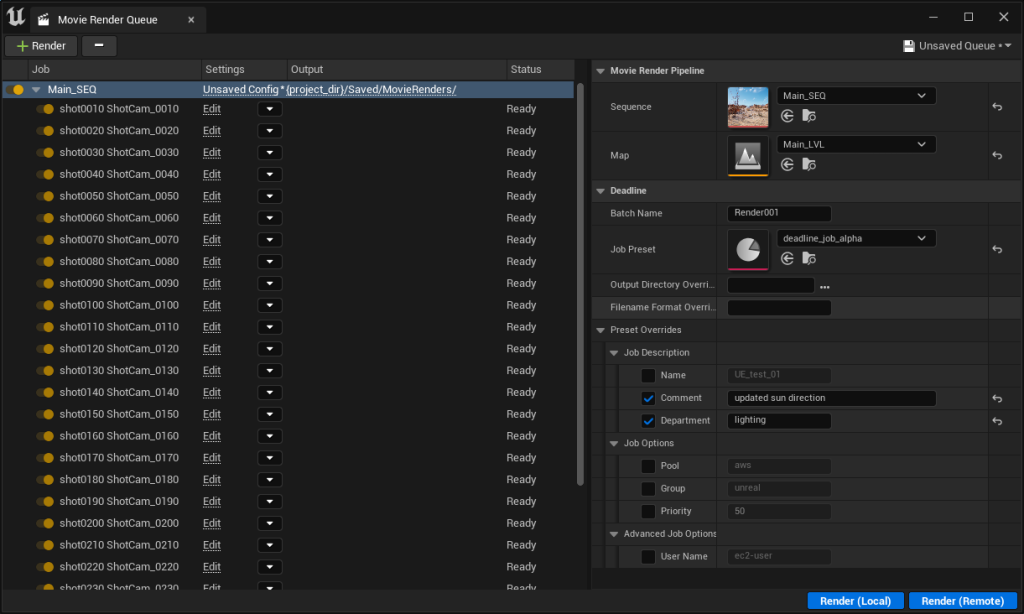 Figure 09: The Movie Render Queue, with the Preset Library selected to use a deadline_job_alpha preset. Checkboxes next to the Comment and Department field have been checked, indicating and override of the preset