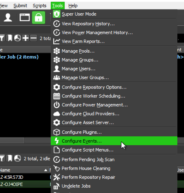 Figure 9: The user is clicking on ‘Configure Events…’ in Deadline Monitor’s ‘Tools’ menu