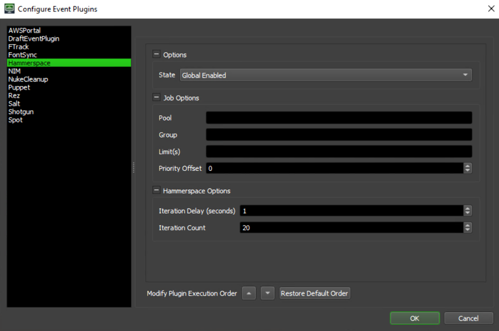 Figure 10: Deadline Monitor’s ‘Configure Event Plugins’ window is shown with ‘Hammerspace’ selected from a list of plugins. On the right, there are options to enable the plugin, place the plugin in various pool, group, limit, and priority configurations, and to set the iteration delay and iteration count for the plugin.