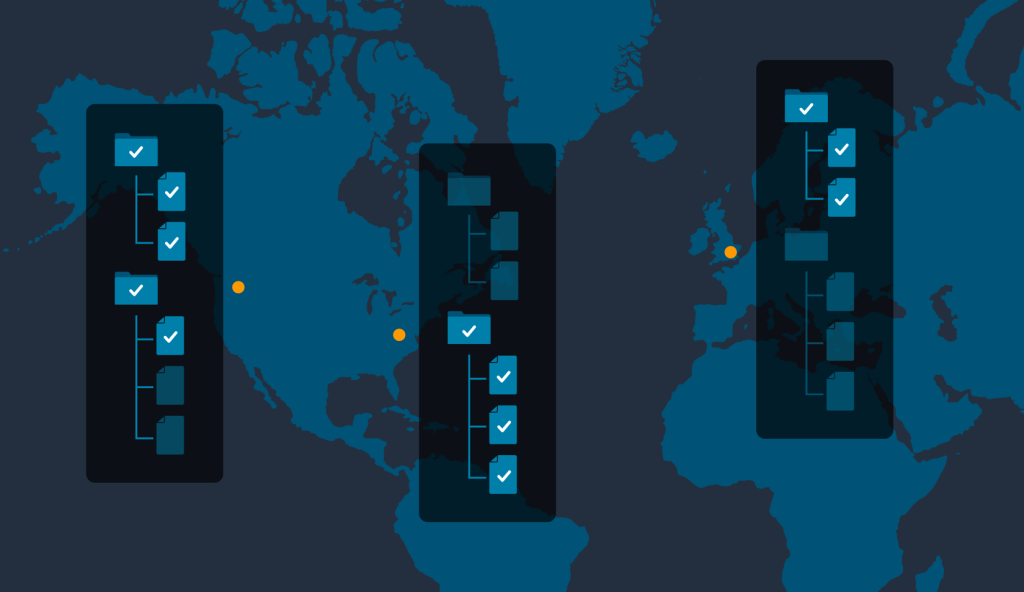 Figure 1: There are three locations shown on a world map, western US, eastern US, and Europe. At each location an overlay on the map shows a folder structure. Each location has the same folder structure, but different files are highlighted at different locations.