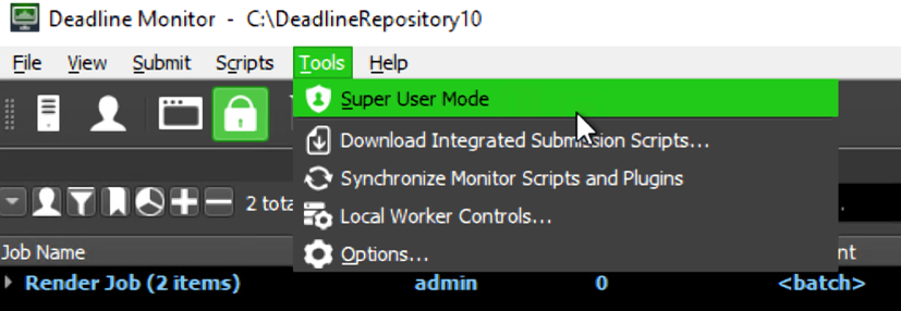 Figure 8: The user is clicking on ‘Super User Mode’ in Deadline Monitor’s ‘Tools’ menu