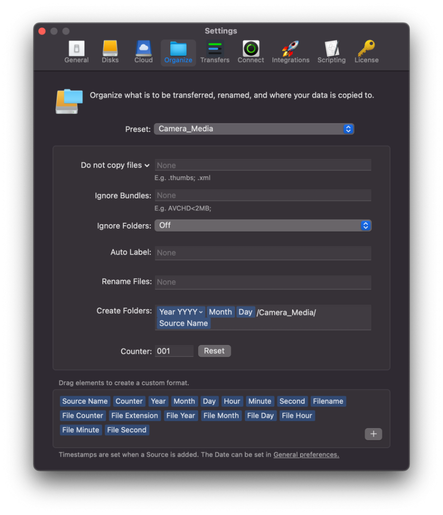 Figure 5: The user interface shows a configuration page with the following options: “Do not copy files”, “ignore bundles”, “ignore folders”, “Auto Label”, “Rename Files”, “Create Folders”, and “Counter”. All the options are left empty except for “Create Folders” that has the text “Year YYYY, Month Day/Camera Media/Source Name” next to it