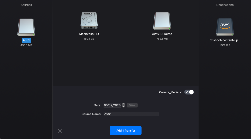 Figure 6: The user interface of OffShoot looks similar to figure 3 with a source hard drive on the left and a destination drive with AWS on it on the right. There is now a new panel in the middle that has input fields for Date and Source Name