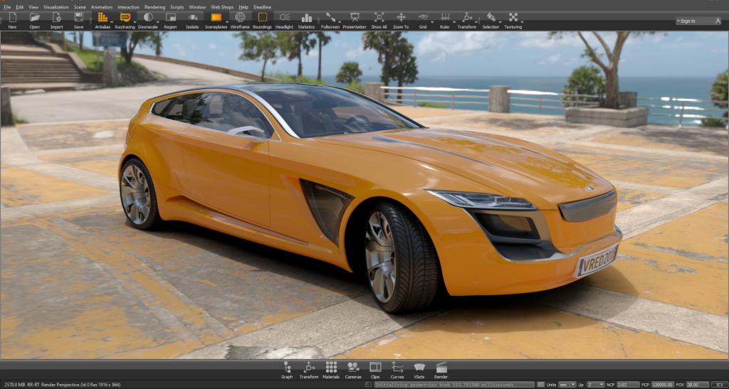 Figure 1: Autodesk VRED main interface showing a ray traced car presented in a realistic fashion.