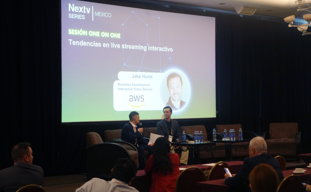 Jake Hurst, Business Development for Amazon Interactive Video Service (Amazon IVS) in North and South America, is shown on stage at Nextv Mexico.