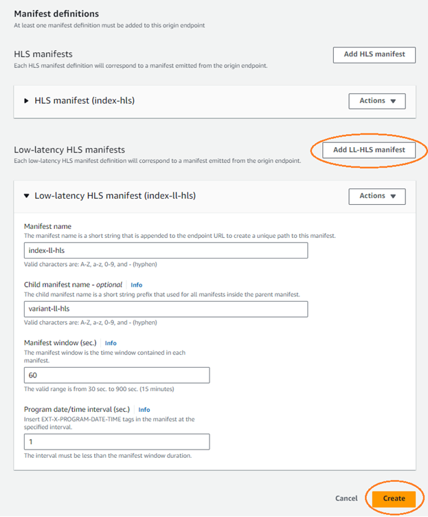 Add low latency HLS manifest and enter mane and description of the manifest 