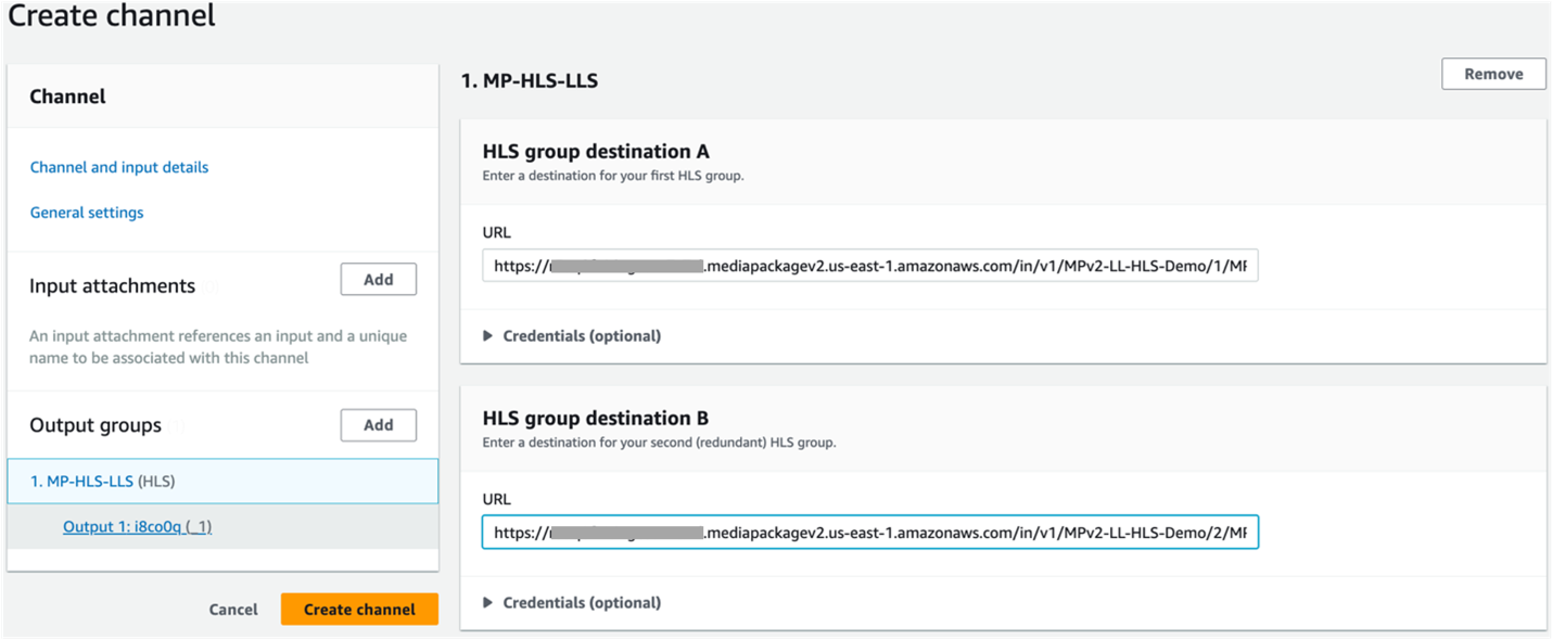 Configure the ingestion endpoints in MediaLive HLS output URLs