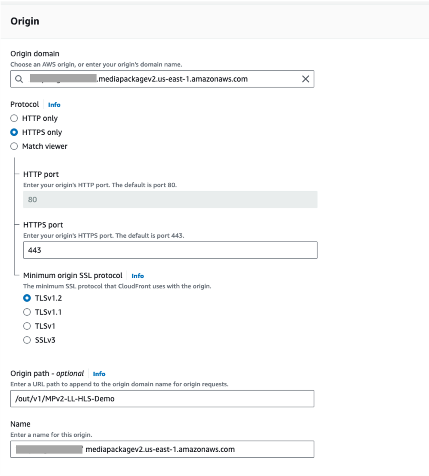 Configure Origin domain as endpoint from MediaPackage configuration. Select HTTPS only, define origin path as '/out/v1/MPv2-LL-HLS-Demo and click save