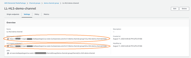 Channel created and showing endpoint details for ingestion of Live channel