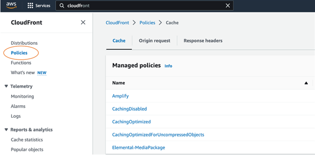 Under CloudFront console, click on Policies