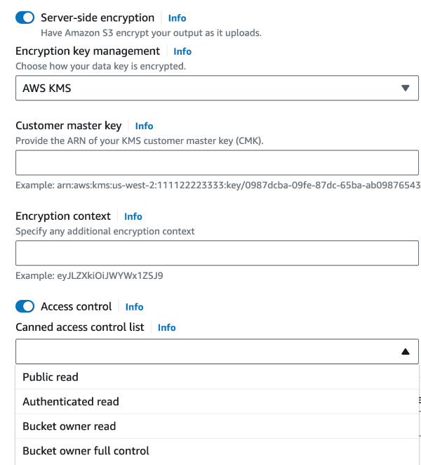 AWS Elemental MediaConvert Job Output Encryption and Access control settings.