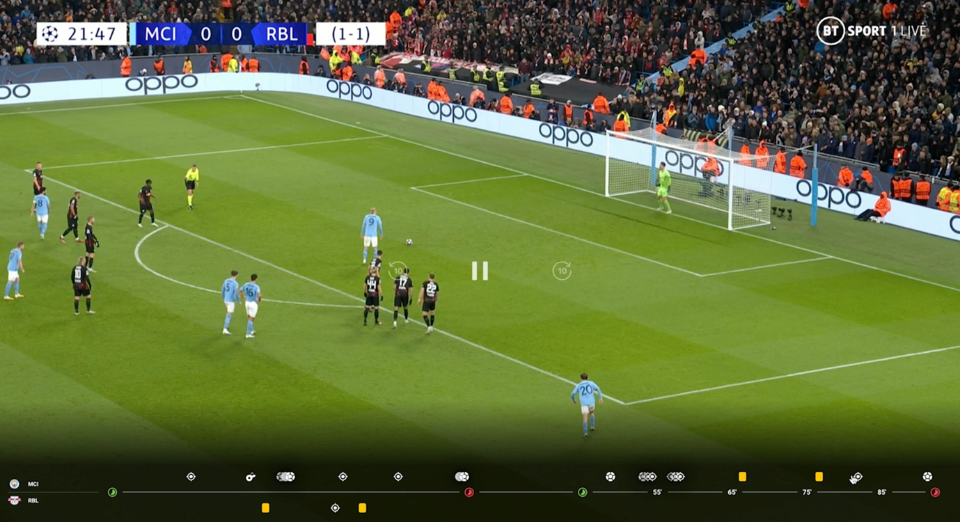 A screenshot of the TNT streaming platform showing a soccer match with timeline markers for match events.