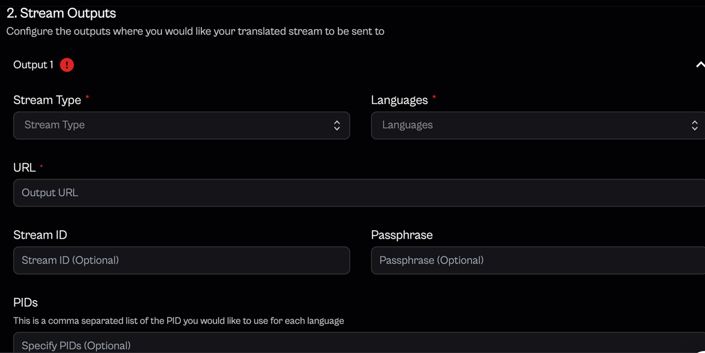 A screenshot of CAMB.AI's output configuration panel, displaying various settings for stream outputs including Stream Type, Language, URL, and Stream ID, allowing users to define how the processed stream will be delivered.