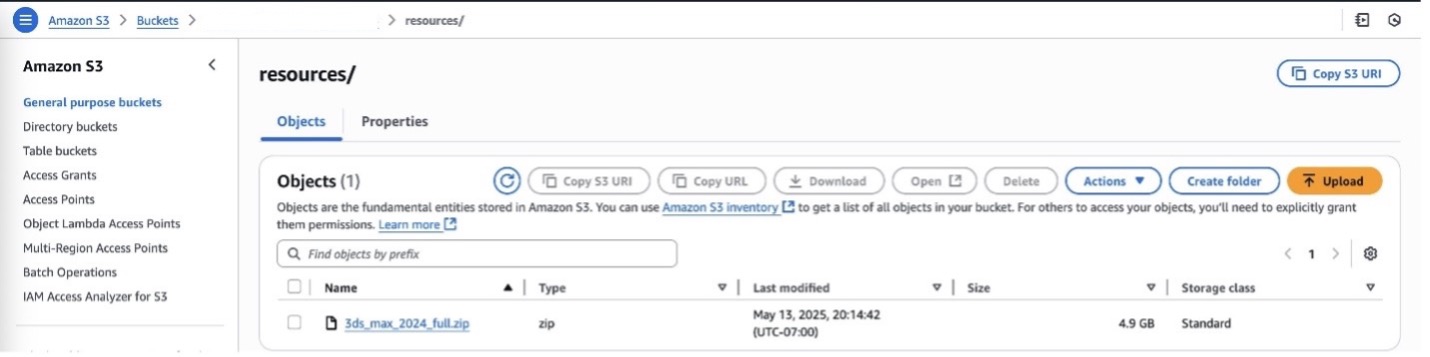 The AWS S3 console displays the resources folder within an S3 bucket, showing the Objects tab with one uploaded file. The zip file named '3ds_max_2024_full.zip' appears in the objects table with a size of 4.9 GB and Standard storage class. The S3 console interface shows various action buttons including Upload, Download, Delete, and Create folder at The Resources window showing where the zip folder can be accessed and selected as an object.