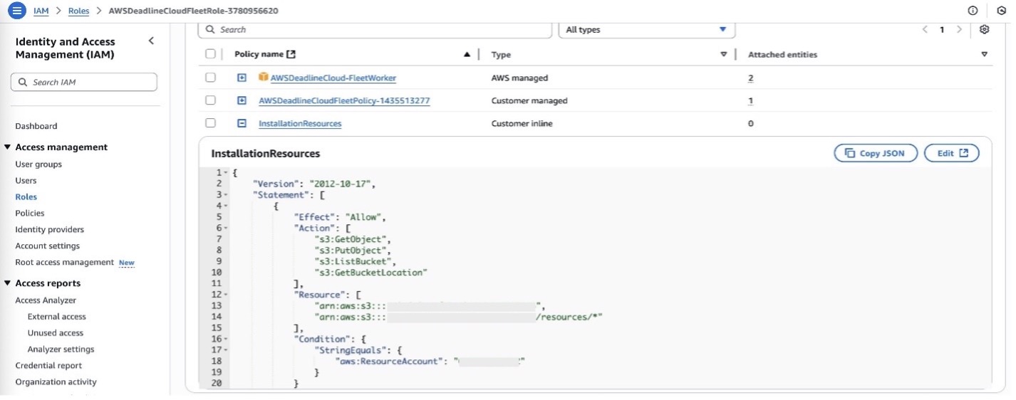 The AWS IAM console shows the permissions page for a Deadline Cloud Fleet role with three attached policies displayed in a table. An expanded view reveals the 'InstallationResources' inline policy containing JSON code that grants S3 permissions including GetObject, PutObject, ListBucket, and GetBucketLocation actions for a specific S3 bucket and its resources folder.