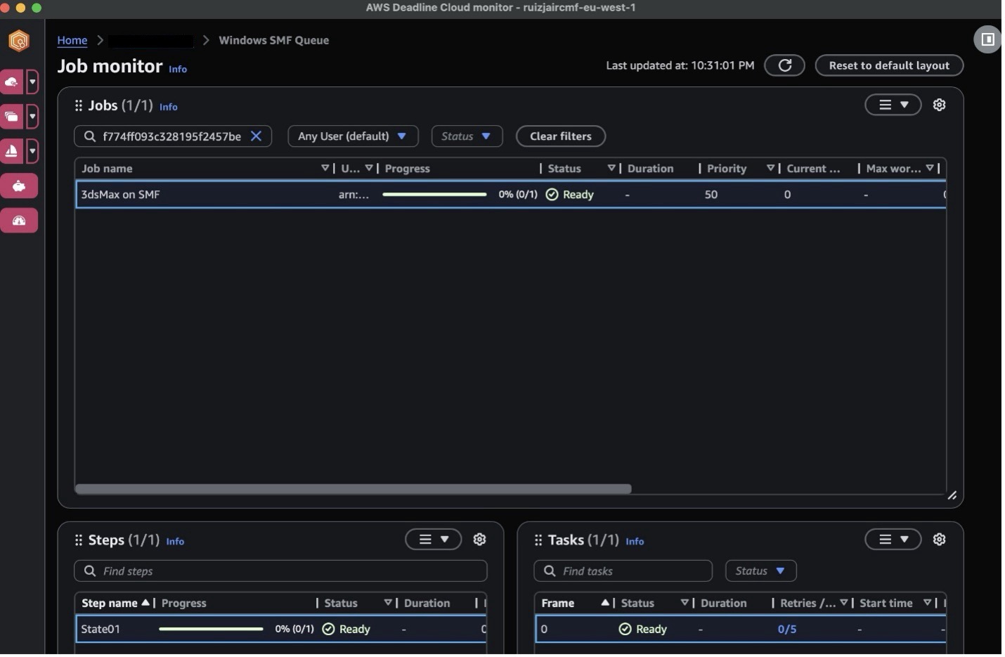 The AWS Deadline Cloud monitor displays the job monitoring interface for a farm named 'ruizjaircmf farm' with a job called '3dsMax on SMF' showing 0% progress and 'Ready' status. The interface includes three panels showing Jobs, Steps, and Tasks sections, with the job currently in a ready state with priority 50 and no current workers assigned.