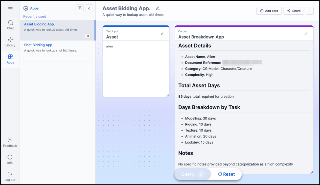 Screenshot of an output of the Asset Bidding App in Amazon Q Business. It shows an asset called "Alien" with a total estimate of 85 days required for its creation, broken down in various steps: 30 days for modelling, 10 days for rigging, 10 days for texture, 20 days for animation and 15 days for lookdev.
