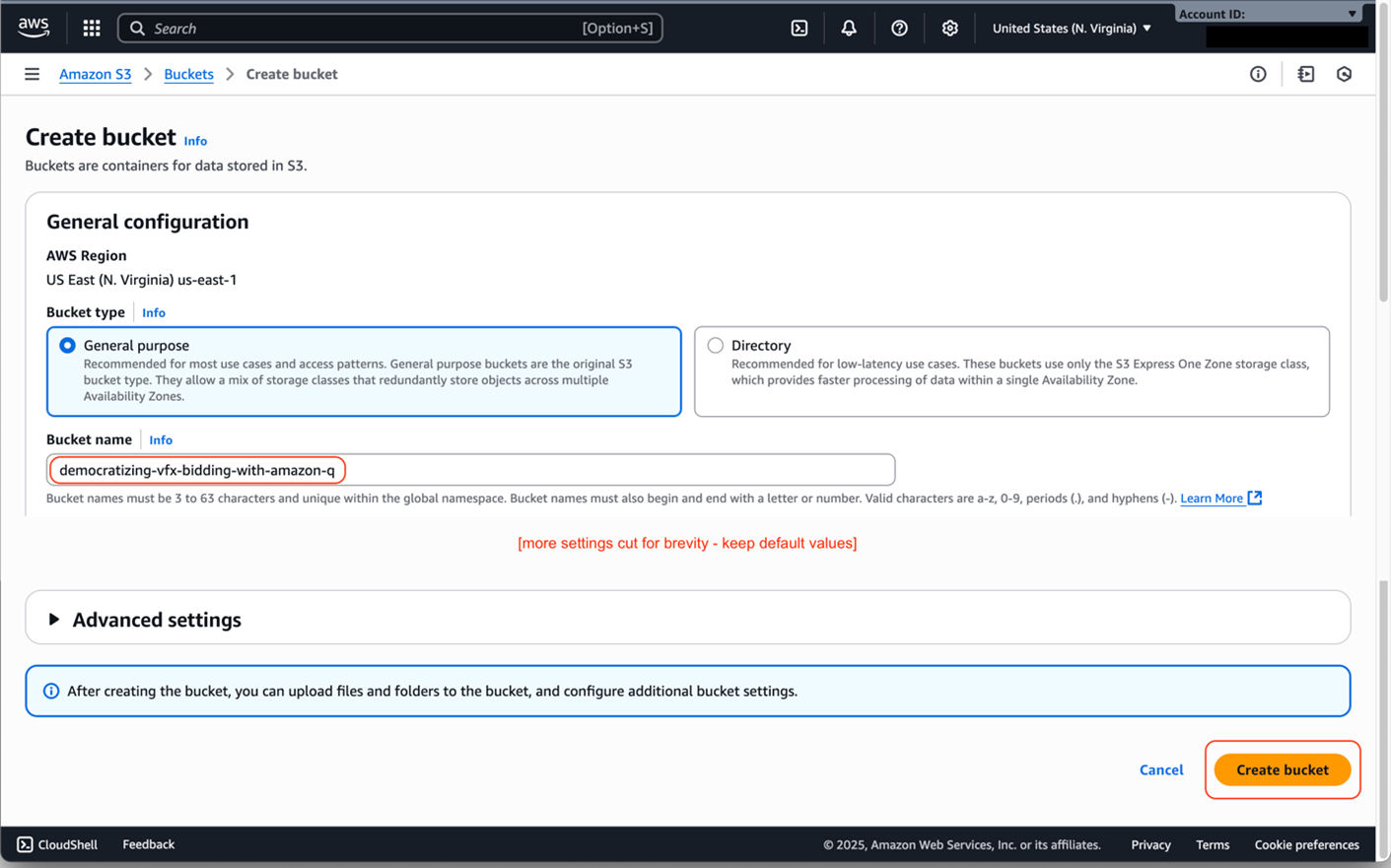 Screenshot of: Creating an S3 bucket. It has General purpose selected and is highlighting the name defined by the user and the Create bucket button. We called our example bucket “democratizing-vfx-budding-with-amazon-q”. The action button to create the bucket is in the lower right hand corner of the screen.