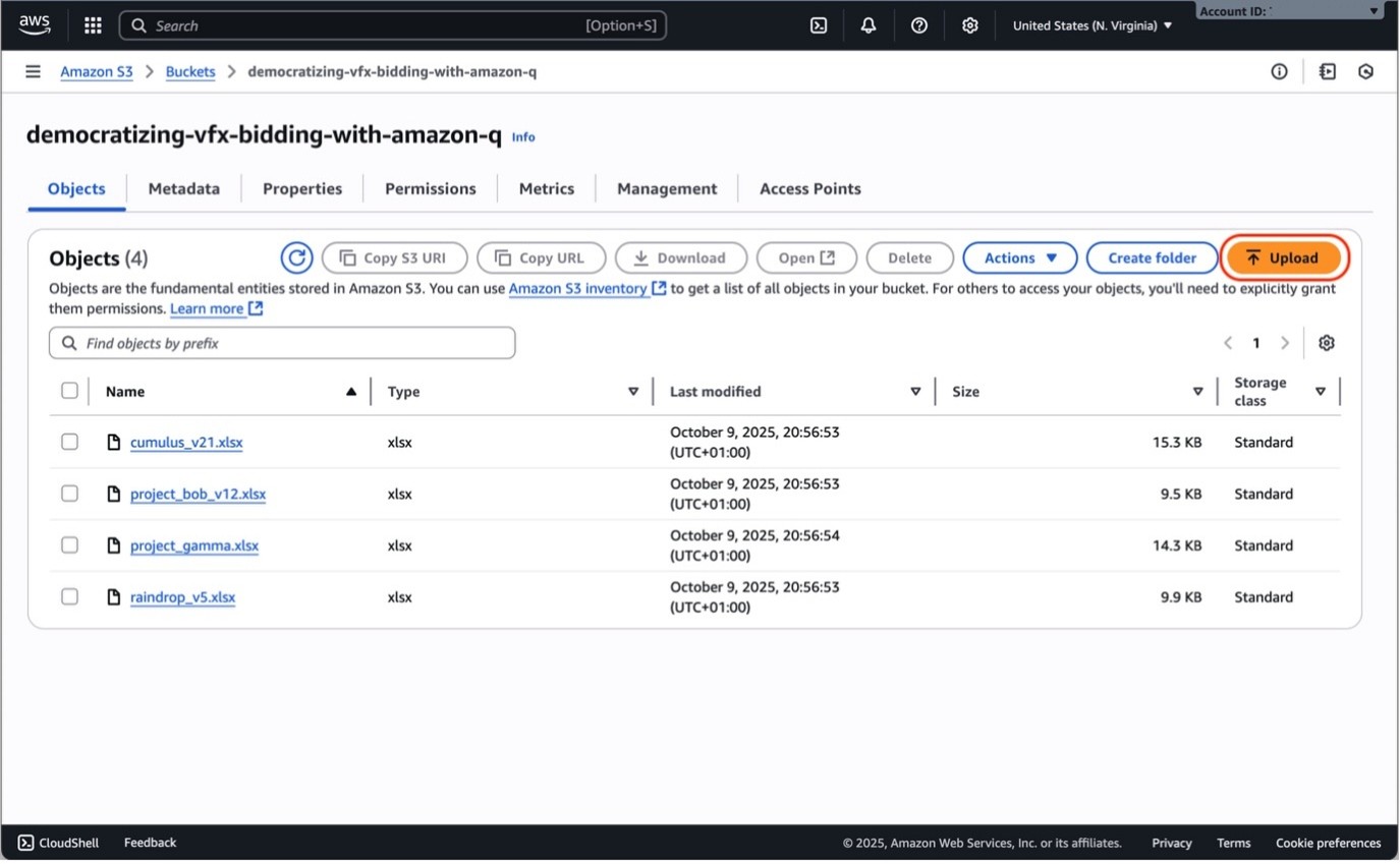Screenshot of uploading bidding data to the S3 bucket. A few documents are already present in the bucket; the highlighted Upload action button located along the right-hand side enables further bidding documents to be uploaded to the bucket.